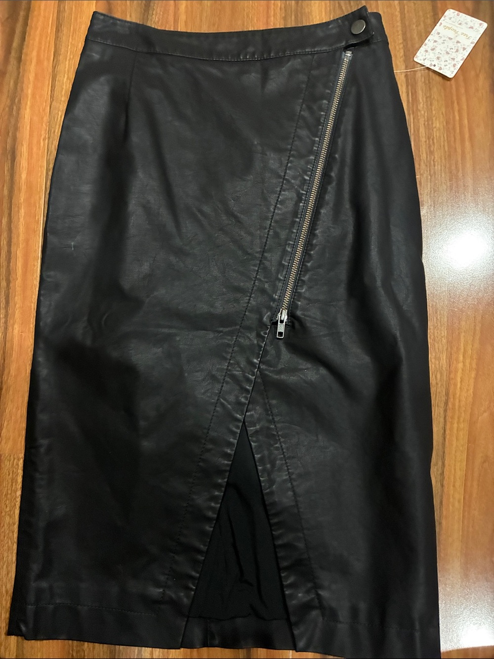 Free People Black Faux Leather Pencil Skirt with Diagonal Zip